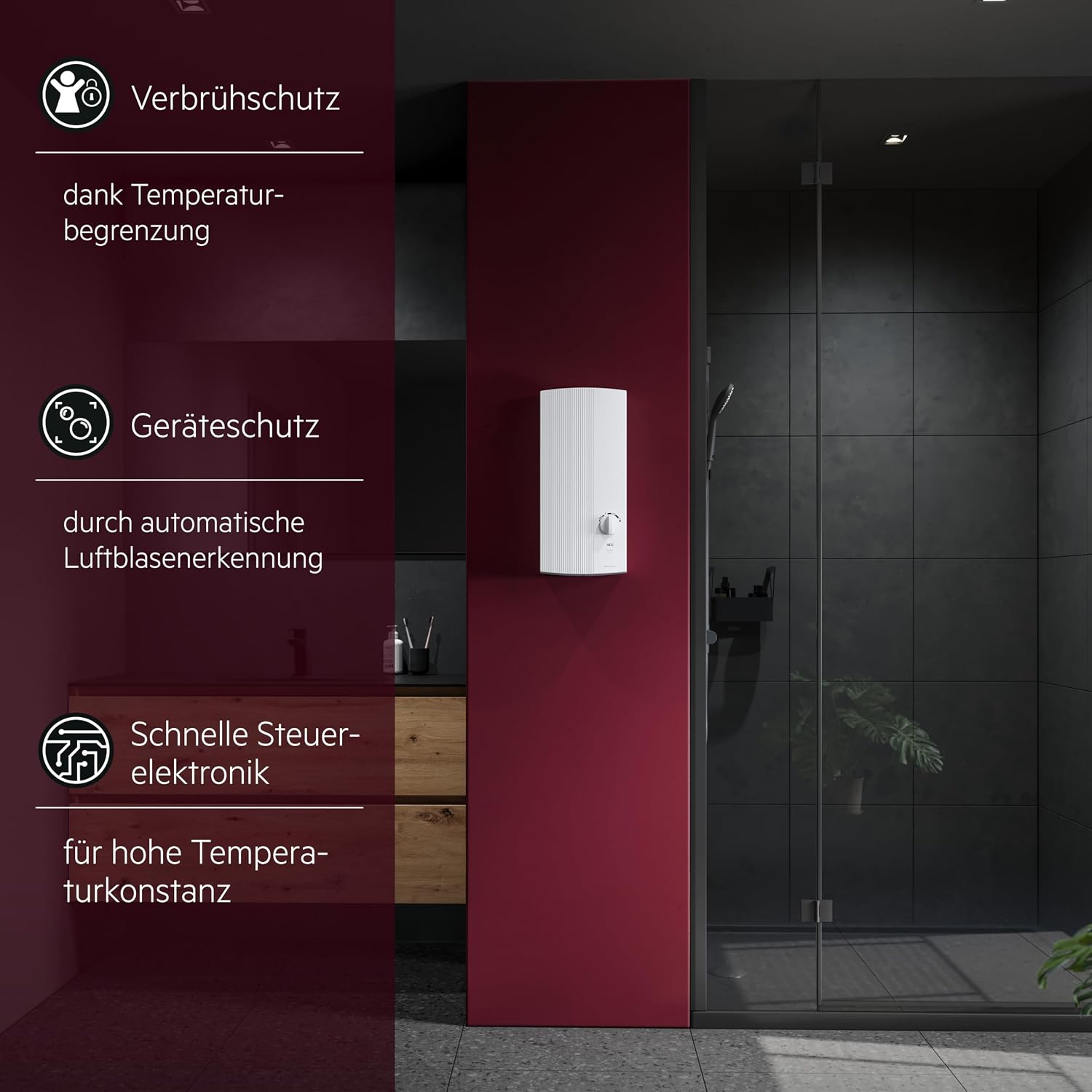 DDLE Basis 18/21/24 kW, elektron. Durchlauferhitzer, umschaltbar, 4 Symbole für Temperatur, 400V Festanschluss, VDE-geprüft, 222390