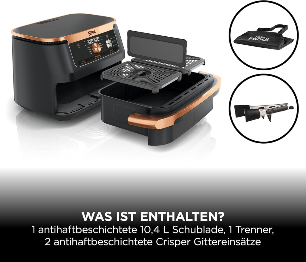 FlexDrawer Dual-Zone Heißluftfritteuse, 10,4L, herausnehmb. Trenner, Antihaft, spülmaschinenfest, 7-in-1, schwarz/kupfer, AF500EUCP