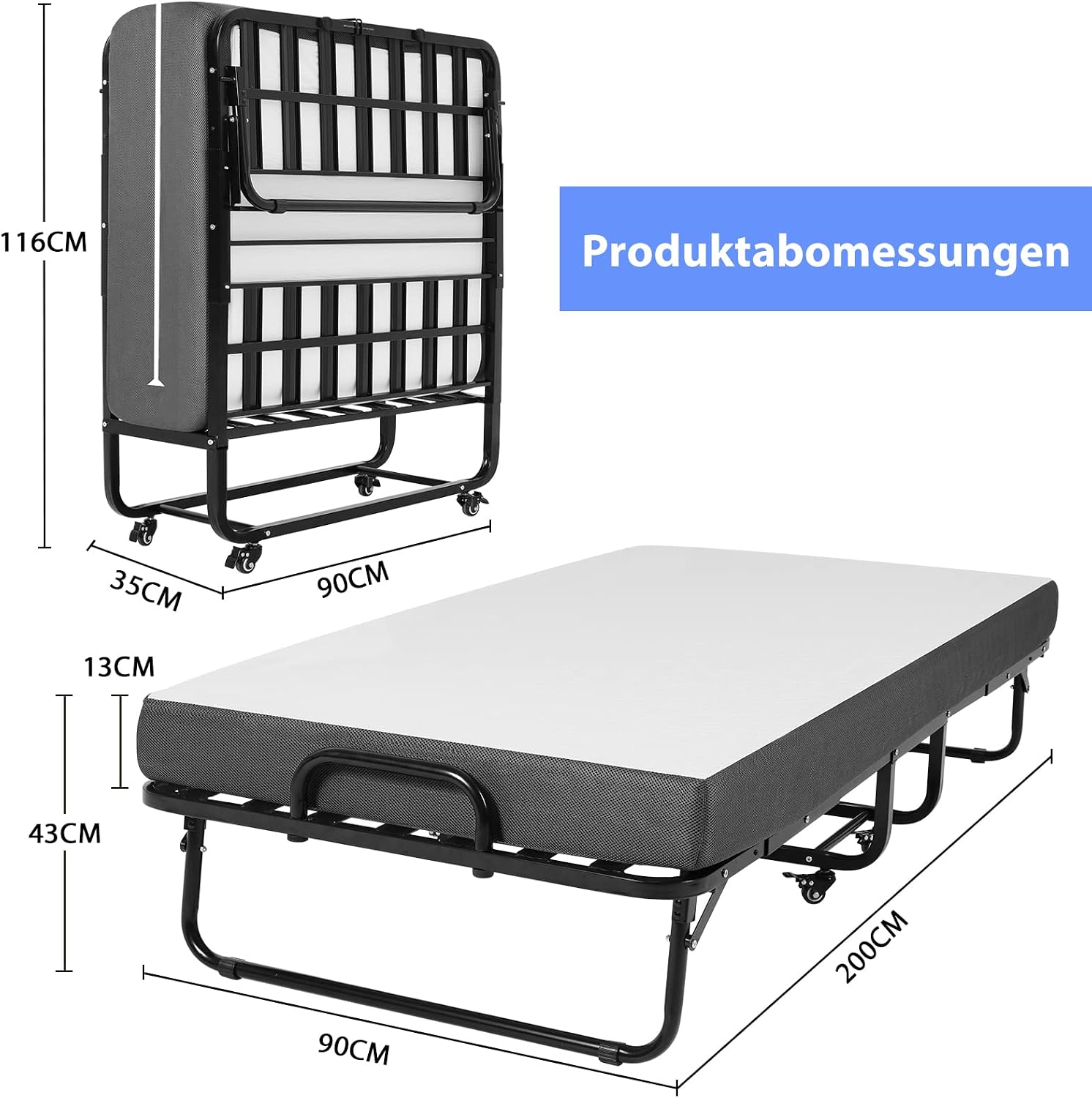 Klappbett 90x200cm für Erwachsene, 13cm Memoryschaum-Matratze, Metallrahmen + Rollen, Reisebett, klappbar, stabil bis 200 kg