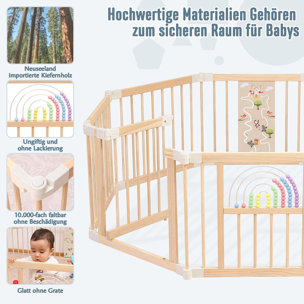 Sicherer & Stabiler faltbarer Holz-Laufstall mit fröhlichem Krabbelbereich für Babys & Kleinkinder (1-3 Jahre) - 214x141x61 cm, nachhaltig