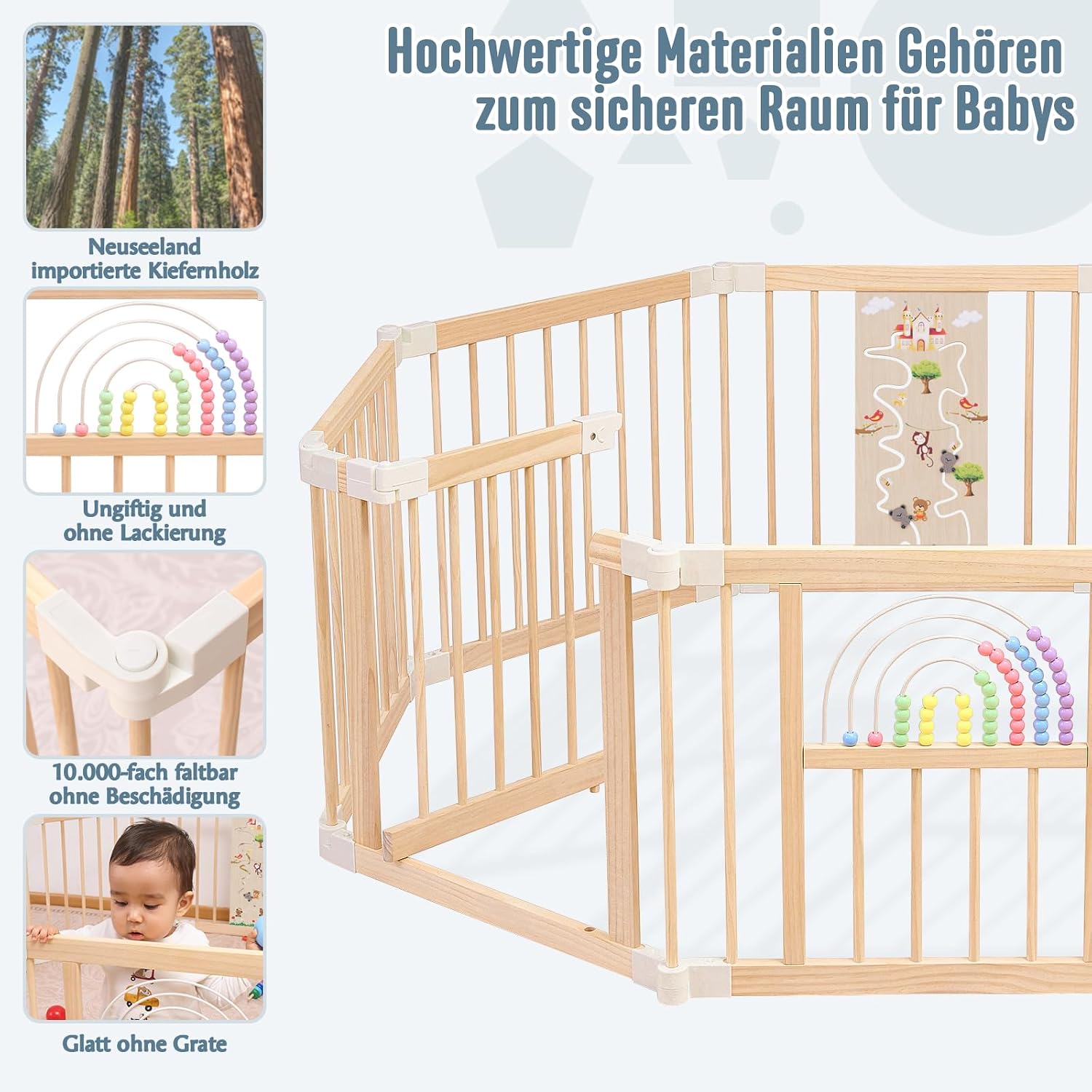 Sicherer & Stabiler faltbarer Holz-Laufstall mit fröhlichem Krabbelbereich für Babys & Kleinkinder (1-3 Jahre) - 214x141x61 cm, nachhaltig