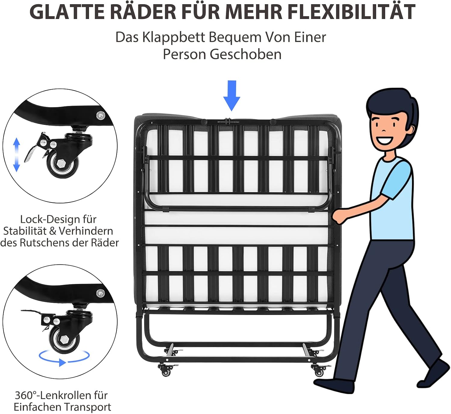 Klappbett 90x200cm für Erwachsene, 13cm Memoryschaum-Matratze, Metallrahmen + Rollen, Reisebett, klappbar, stabil bis 200 kg