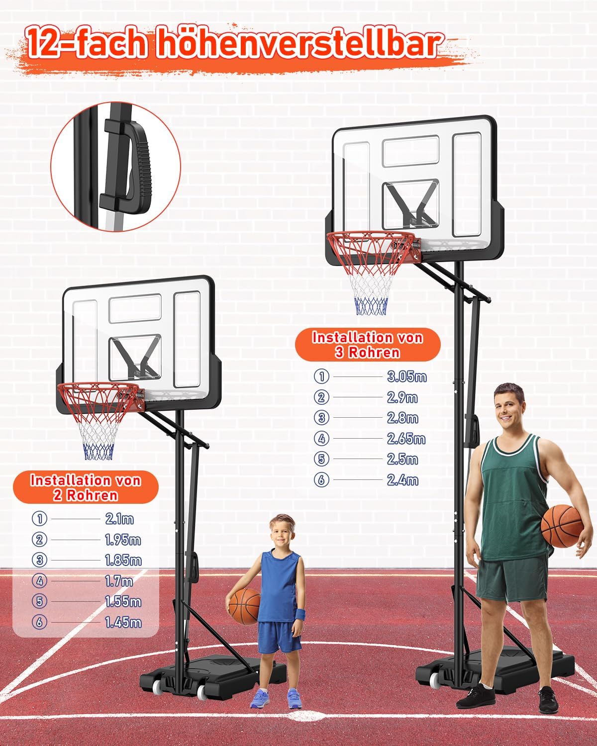 Outdoor Basketballkorb, 145-305cm EIN-Knopf-Schnellverstellung, 110x75cm Rückwand, mit Gewichtssack, für Kinder, Jugendliche & Erwachsene