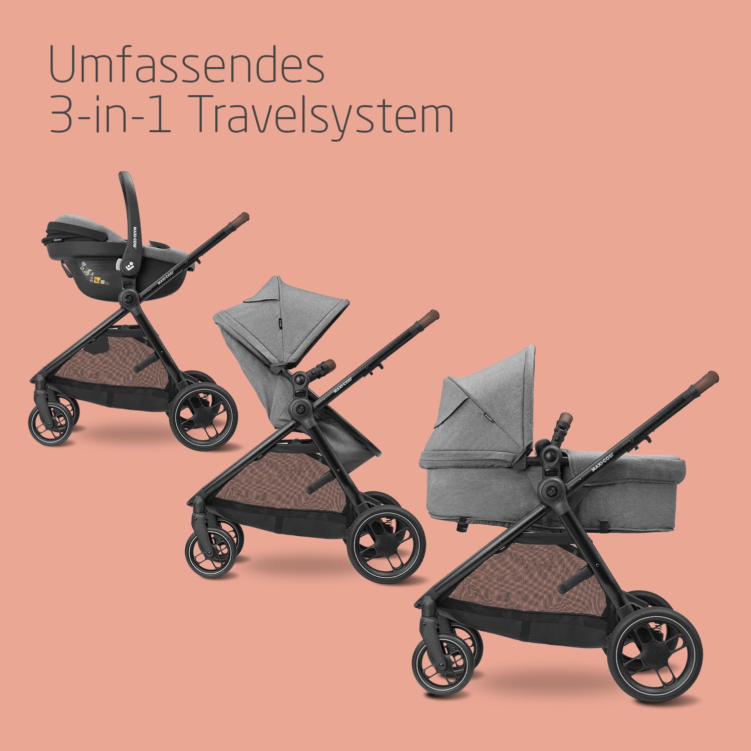 Zelia S Trio Kinderwagen 3in1 Komplettset, 0-4 Jahre, 22 kg, klappbar, kompakt, mit CabrioFix S i-Size + Wickeltasche, grau