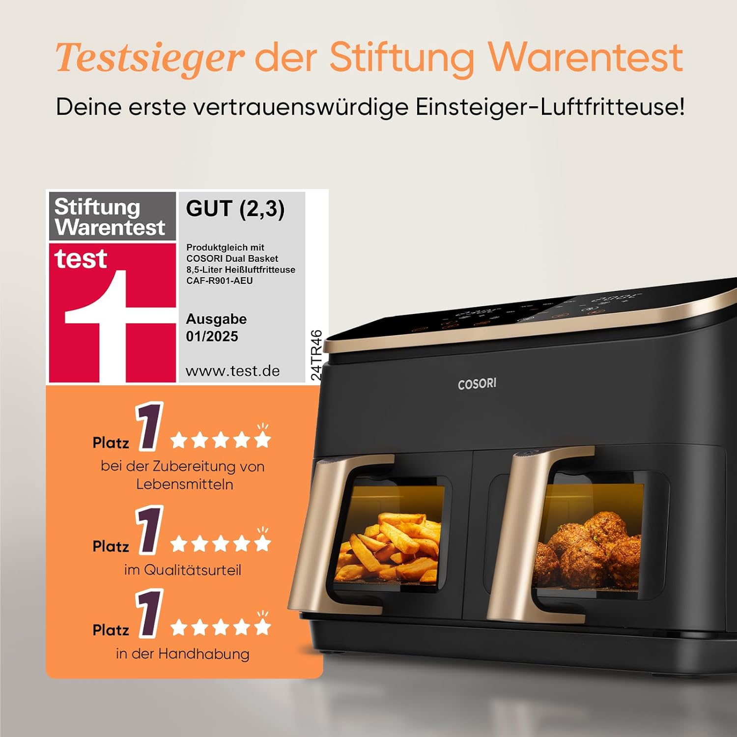 Heißluftfritteuse 8,5L 2 Kammern mit Sichtfenster, Testsieger Stiftung Warentest, NTC-Tech für präzise Temperaturkontrolle, Gold, R903
