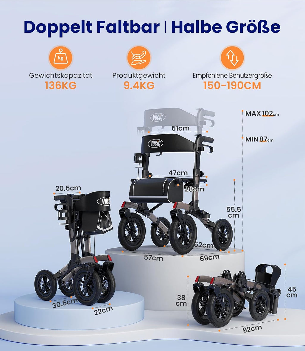 Rollator Faltbar Leicht mit Sitz, Outdoor Rollator mit Gummi-Nonluftbereifung für Alle Gelände, Aluminium Höhenverstellbar, Grau