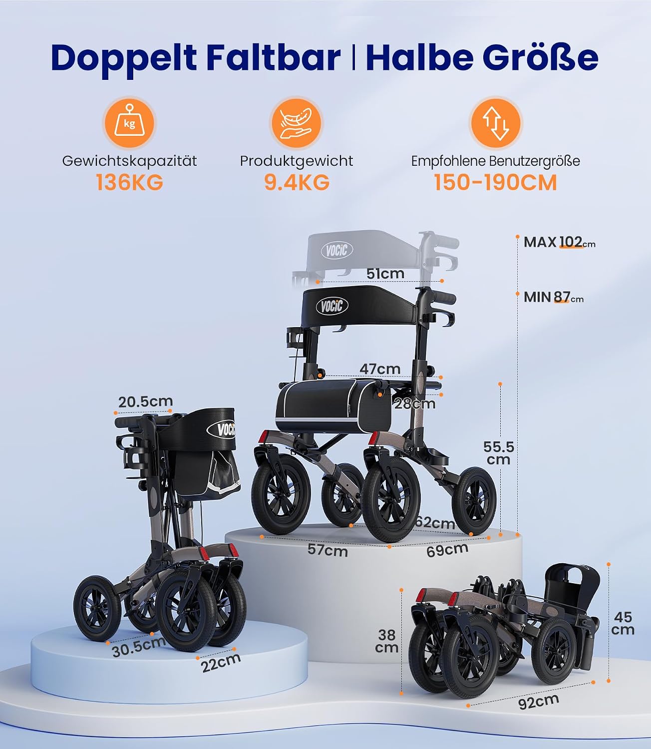 Rollator Faltbar Leicht mit Sitz, Outdoor Rollator mit Gummi-Nonluftbereifung für Alle Gelände, Aluminium Höhenverstellbar, Grau