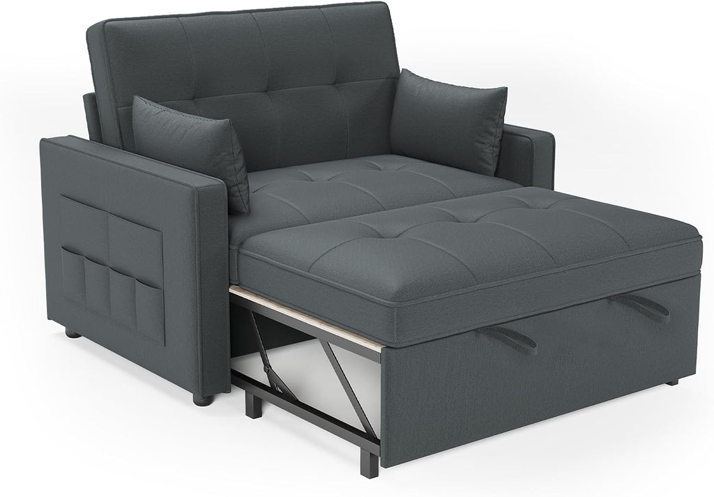 Schlafsofa 186x122cm mit 5-stufig verstellbarer Rückenlehne, 3-in-1 Schlafcouch mit Kissen & Seitentasche, graues Leinen für Gästezimmer & kleine Räume