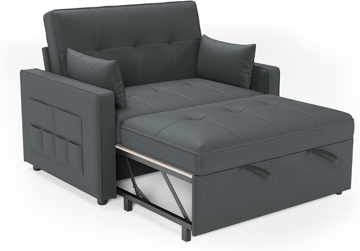 Schlafsofa 186x122cm mit 5-stufig verstellbarer Rückenlehne, 3-in-1 Schlafcouch mit Kissen & Seitentasche, graues Leinen für Gästezimmer & kleine Räume