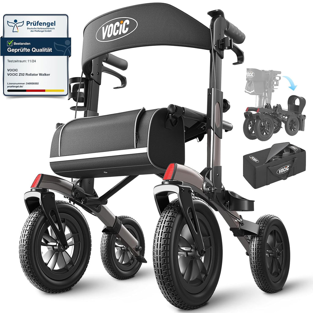 Rollator Faltbar Leicht mit Sitz, Outdoor Rollator mit Gummi-Nonluftbereifung für Alle Gelände, Aluminium Höhenverstellbar, Grau