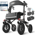Rollator Faltbar Leicht mit Sitz, Outdoor Rollator mit Gummi-Nonluftbereifung für Alle Gelände, Aluminium Höhenverstellbar, Grau