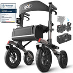 Rollator Faltbar Leicht mit Sitz, Outdoor Rollator mit Gummi-Nonluftbereifung für Alle Gelände, Aluminium Höhenverstellbar, Grau