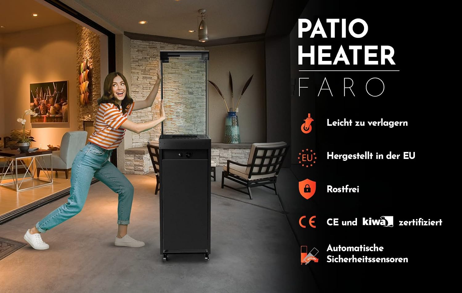 Faro Terrassenheizer Gas, 8kW, tragbarer freistehender Propan Heizpilz, schwarz, inkl. Abdeckung, 36x36x150 cm für Garten und Terrasse