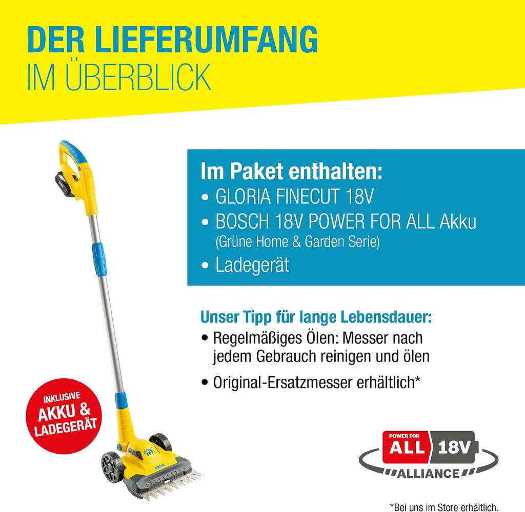 FineCut 18V Akku-Rasentrimmer + Kantenschneider, 25 cm, für Rasenkanten/Kleingärten, inkl. Akku + Ladegerät, für Mähroboter-Ergänzung, gelb/blau