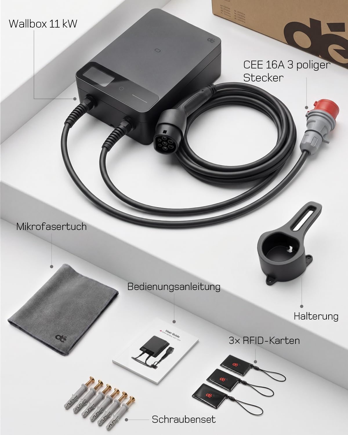 11kW Wallbox mit App, 7,5m Typ 2 Kabel + Halter, 3-Phasen (6-16A, 400V), RCD Typ A 30mA+6mA DC, IP54, für BEV/PHEV, schwarz