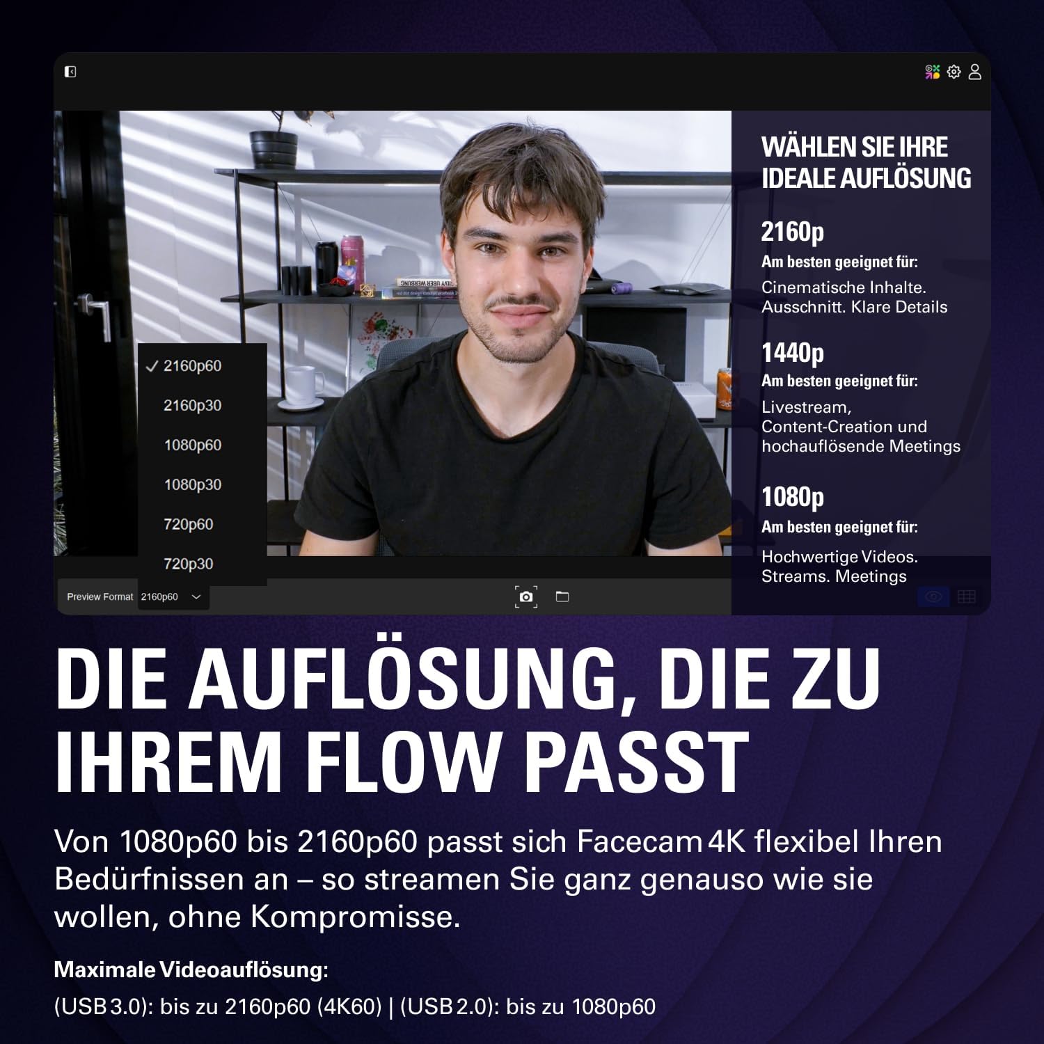 Facecam 4K 4K60 Studio-Webcam mit DSLR-Steuerung, HDR, unkomprimiertes Video, 49mm Filter, USB-C für PC & Mac