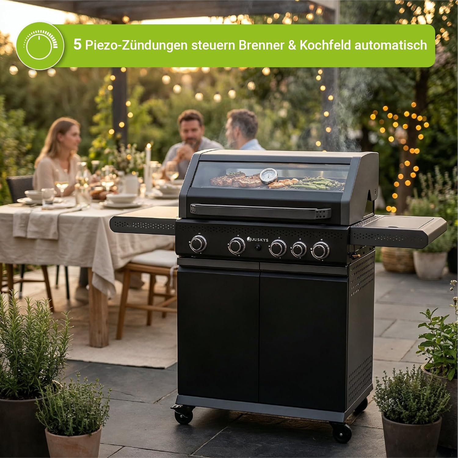 BBQ Gasgrill Savannah - 4 Brenner + 1 Seitenbrenner - XXL Stahl Gas Grill mit Gusseisen Grillrost, Kochfeld, Unterschrank für Gasflasche