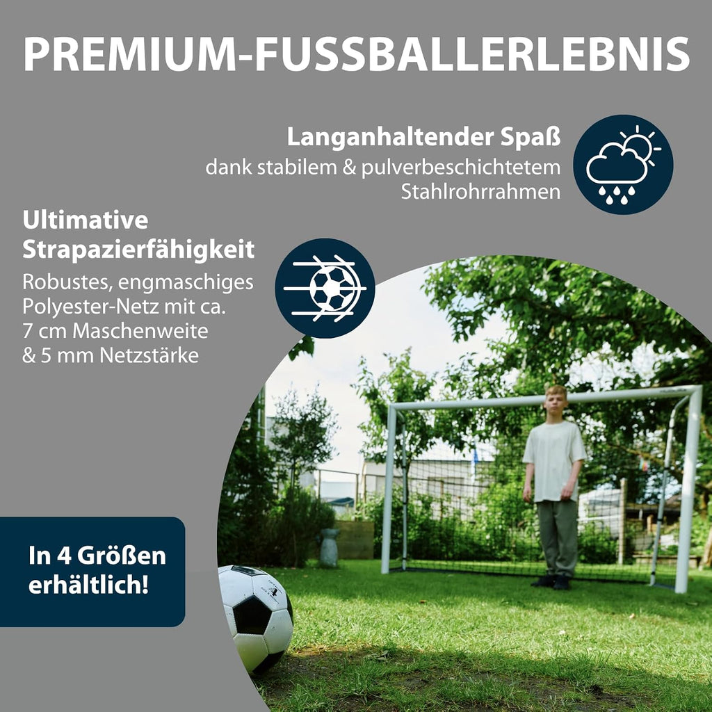 Fußballtor Advanced 120/180/240/300 - wetterfest, standfest, engmaschiges Netz - für Kinder, Jugendliche & Erwachsene - Garten-Fußball-Trainingstor