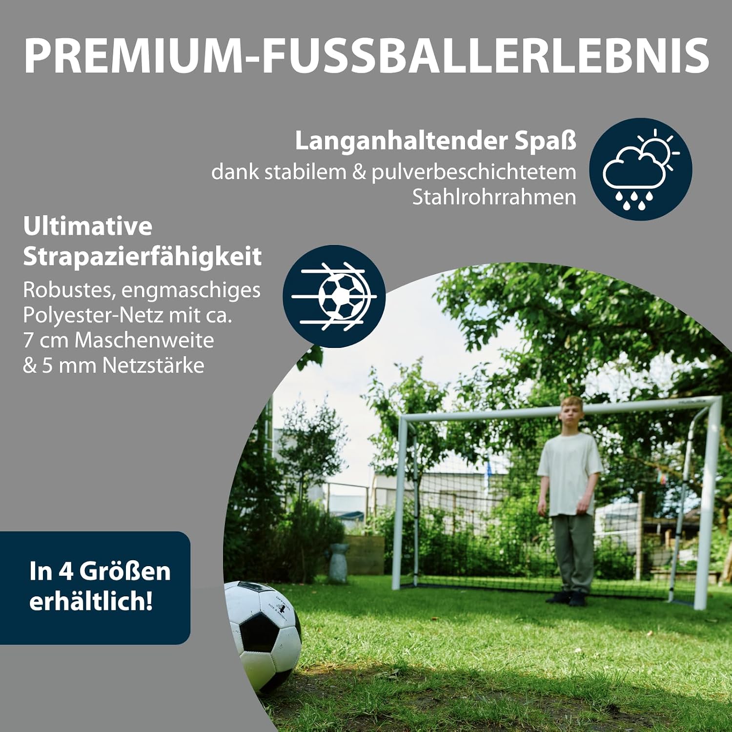 Fußballtor Advanced 120/180/240/300 - wetterfest, standfest, engmaschiges Netz - für Kinder, Jugendliche & Erwachsene - Garten-Fußball-Trainingstor