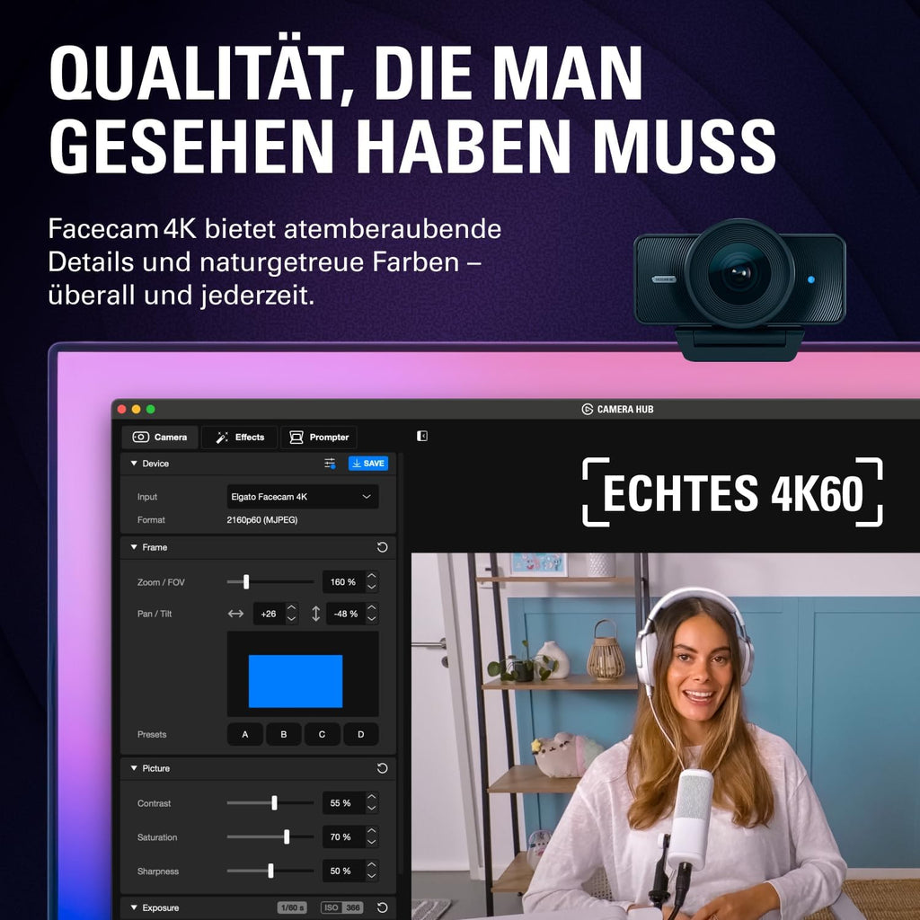 Facecam 4K 4K60 Studio-Webcam mit DSLR-Steuerung, HDR, unkomprimiertes Video, 49mm Filter, USB-C für PC & Mac