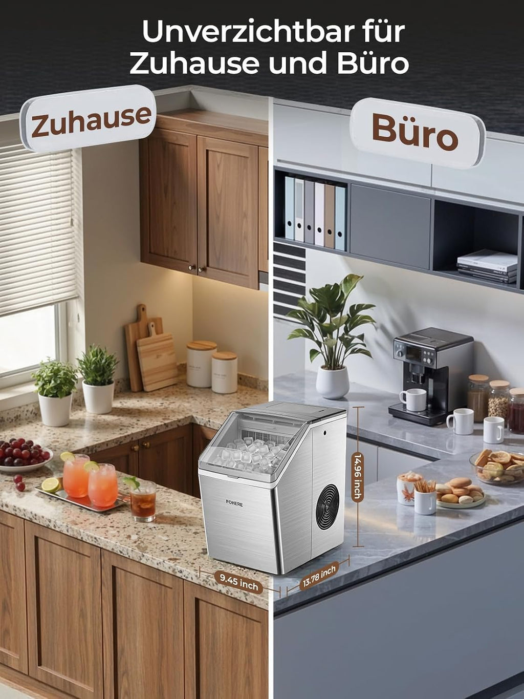Eiswürfelmaschine Edelstahl, 24kg/24h, 24 Würfel in 10 Min., 3.2L Dual-Wasser, 40 dB leise, Timer + Selbstreinigung + Abtauen, für Hausbar/Partys