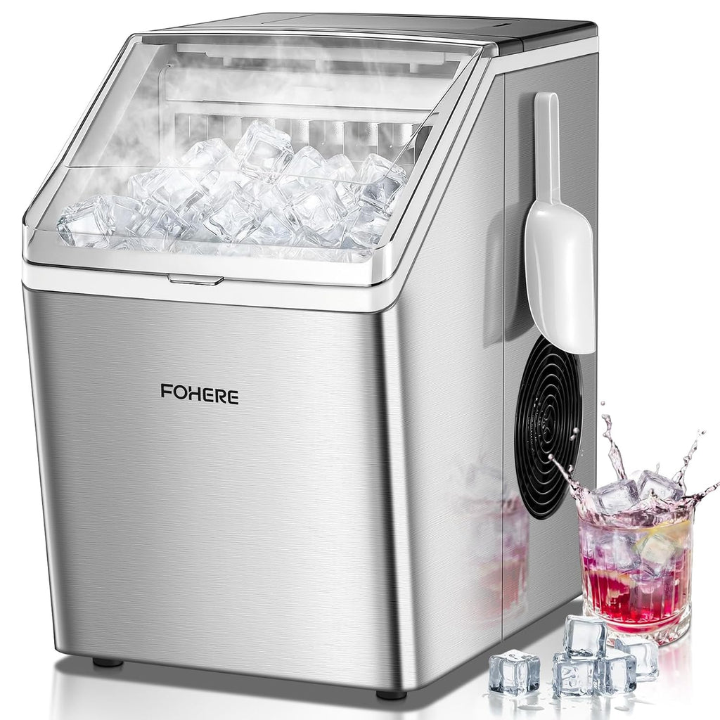 Eiswürfelmaschine Edelstahl, 24kg/24h, 24 Würfel in 10 Min., 3.2L Dual-Wasser, 40 dB leise, Timer + Selbstreinigung + Abtauen, für Hausbar/Partys