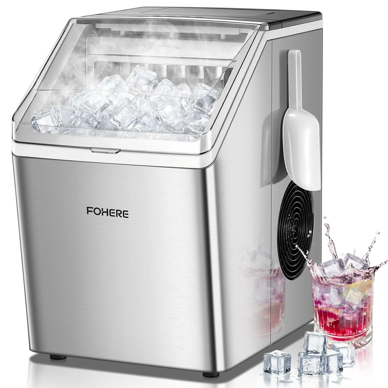 Eiswürfelmaschine Edelstahl, 24kg/24h, 24 Würfel in 10 Min., 3.2L Dual-Wasser, 40 dB leise, Timer + Selbstreinigung + Abtauen, für Hausbar/Partys