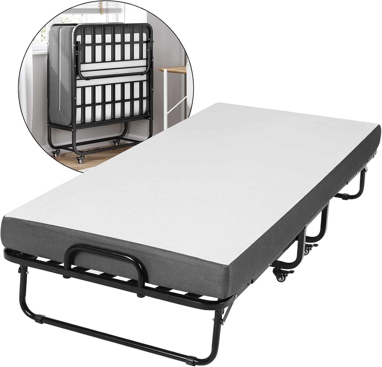 Klappbett 90x200cm für Erwachsene, 13cm Memoryschaum-Matratze, Metallrahmen + Rollen, Reisebett, klappbar, stabil bis 200 kg