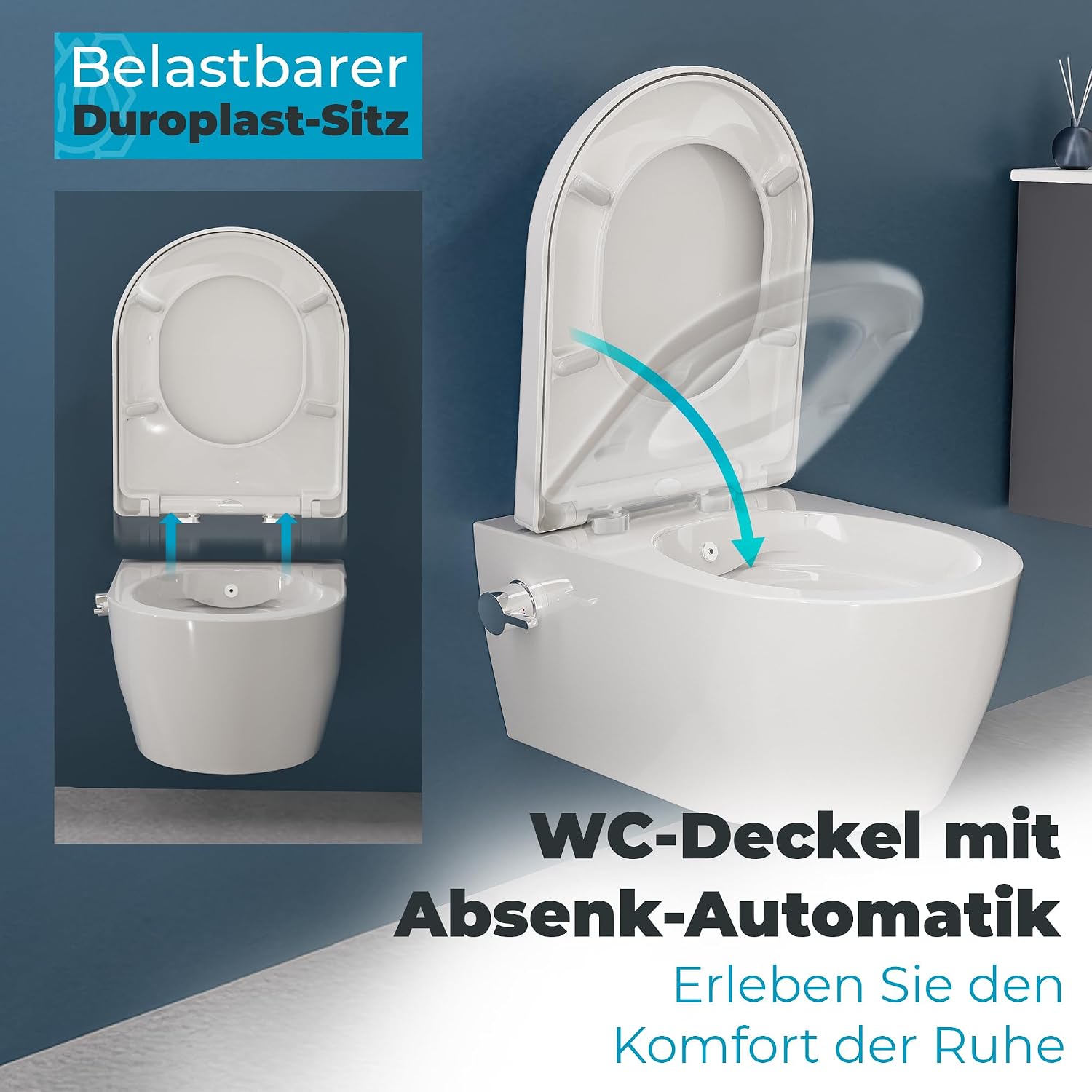 Dusch-WC mit Armatur, Hänge-WC spülrandlos, Bidet-Funktion (Taharet), Softclose-Absenkautomatik, Nanobeschichtung, Kalt- & Warmwasseranschluss