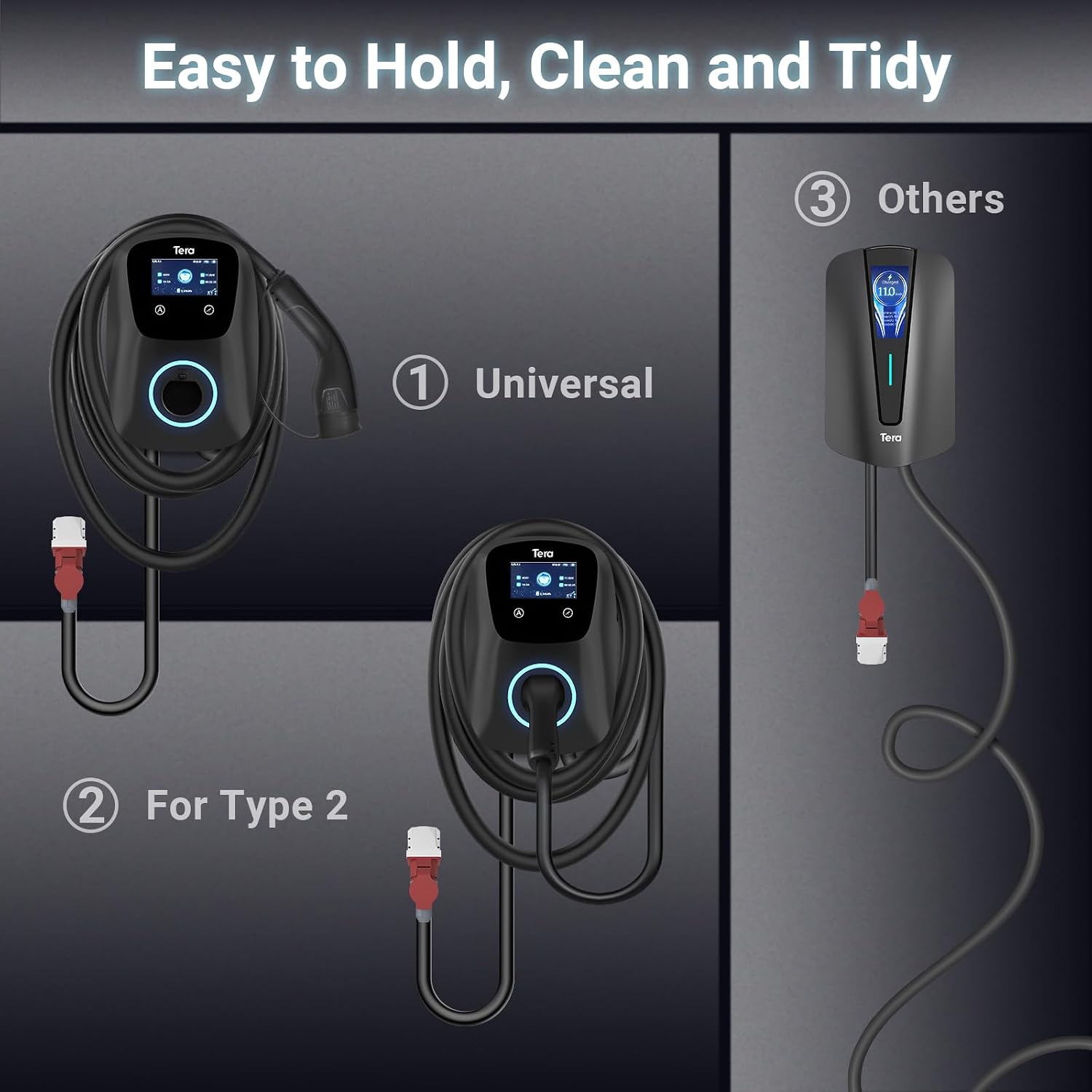 Smart EV Ladegerät Typ 2 Wallbox, 11kW, 16A, 400V, APP, WLAN, Bluetooth, CE&TÜV, 7m Kabel, Halter, CEE 3-Phasen Stecker, für EVs & PHEV, Schwarz