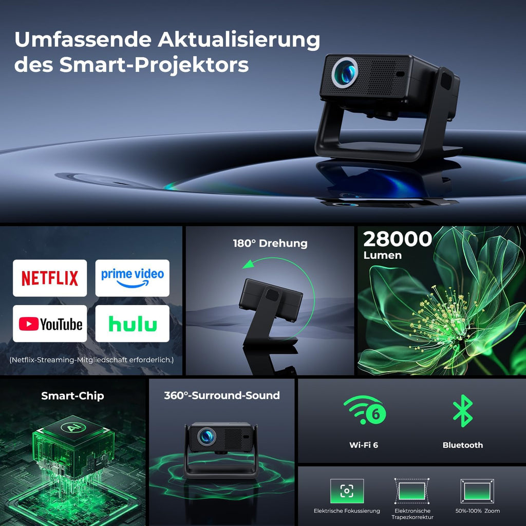 Mini Beamer 4K Native 1080P, 28000 Lumen, WLAN 6, Bluetooth, Elektrischer Fokus, 4D Keystone, Kompatibel mit Netflix, Heimkino & Outdoor