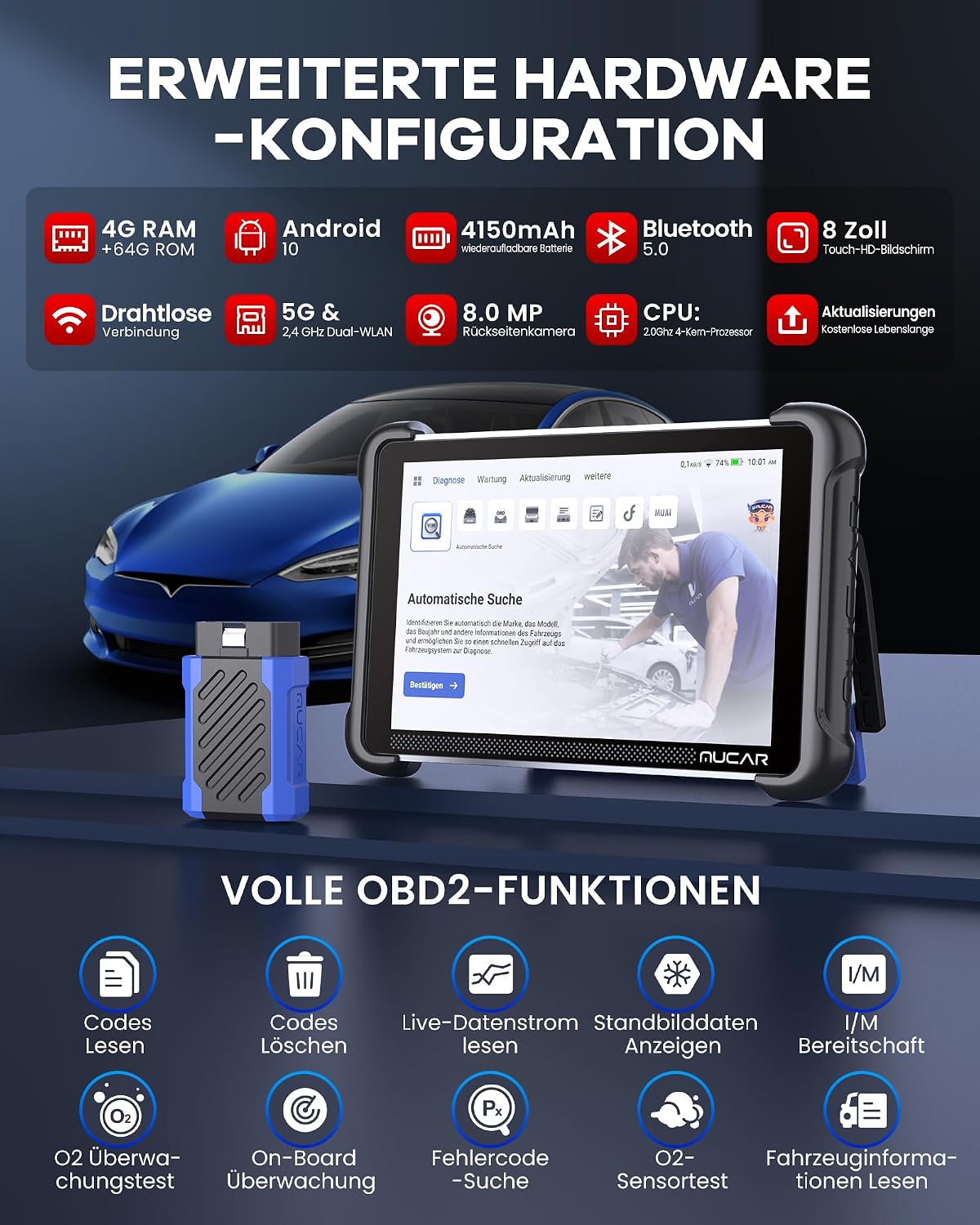 AI-OBD2 892BT Diagnosegerät, 34 Reset-Funktionen, volle Systemdiagnose, ECU-Kodierung, BI-direktionale Steuerung
