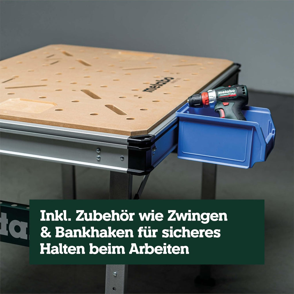 Multifunktionstisch MWB 100: Klappwerkbank, Transportgriffe, höhenverstellbare Beine, Nivellierfuß, mit Zwingen, Bankhaken, Eckverbinder, max. 120 kg