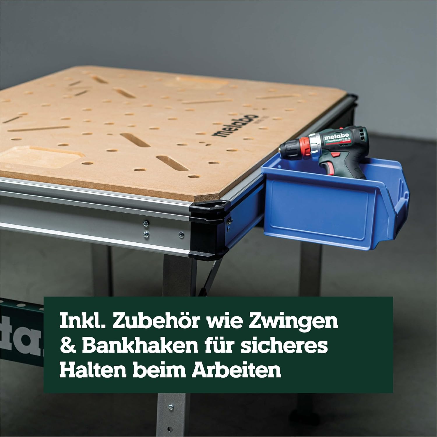 Multifunktionstisch MWB 100: Klappwerkbank, Transportgriffe, höhenverstellbare Beine, Nivellierfuß, mit Zwingen, Bankhaken, Eckverbinder, max. 120 kg