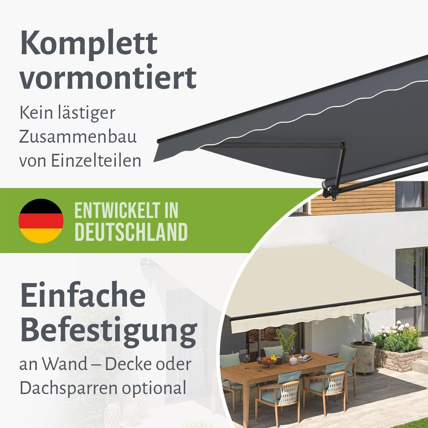 Manuelle Gelenkarmmarkise Sonnenschutz Alu/Polyester komplett vormontiert, Anthrazit, 300x250