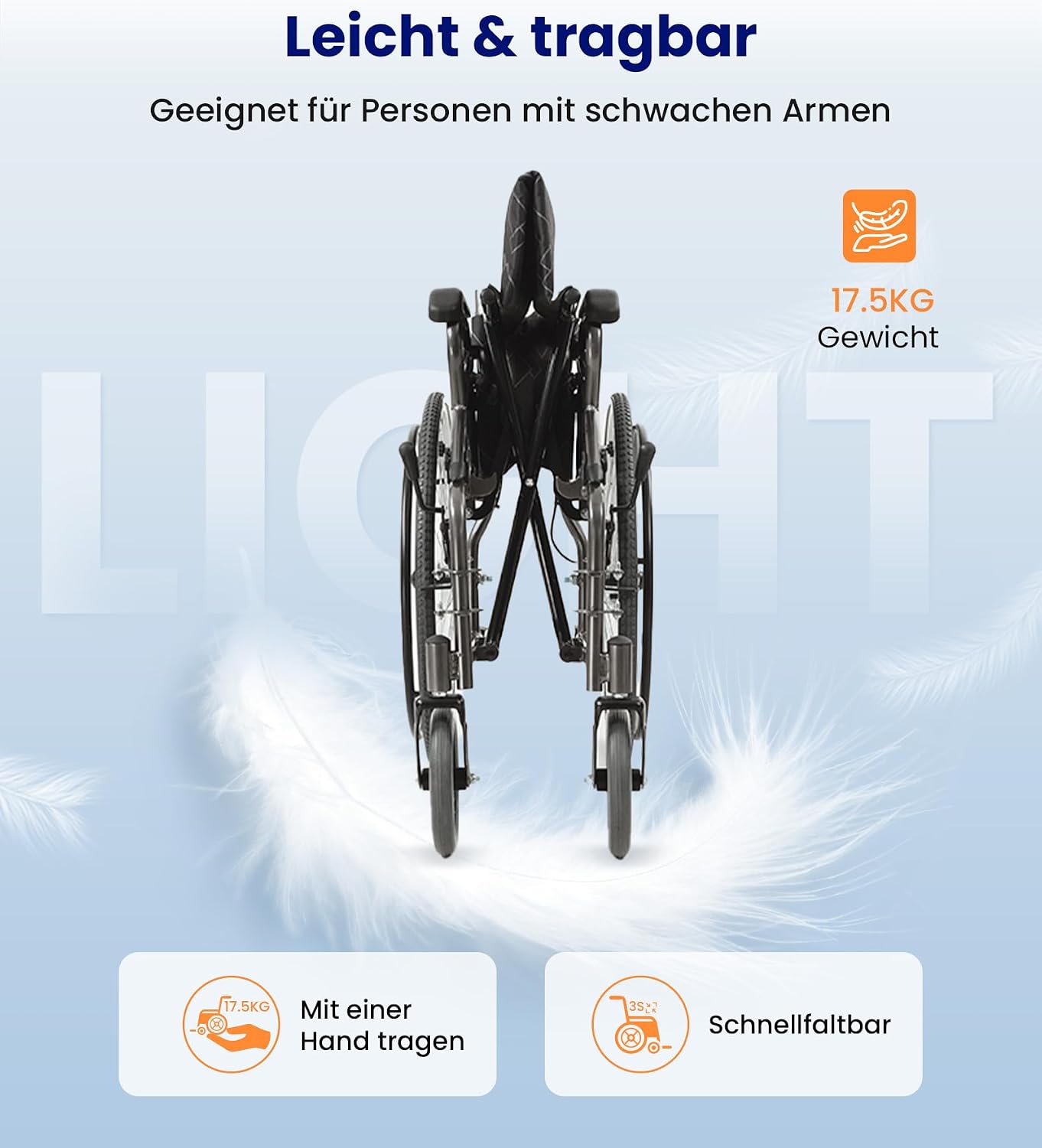 Leichter faltbarer Rollstuhl bis 150 kg, 17 kg, Doppelbremsen, Selbstantrieb, pannensichere Reifen für Erwachsene (Hellgrau)