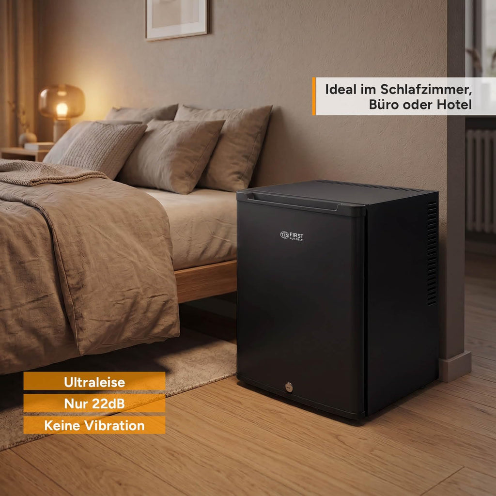 Mini-Kühlschrank 40L, lautlos, abschließbar, Türanschlag wechselbar, Innenbeleuchtung, Minibar für Camping/Büro/Schlafzimmer/Hotel, mattschwarz