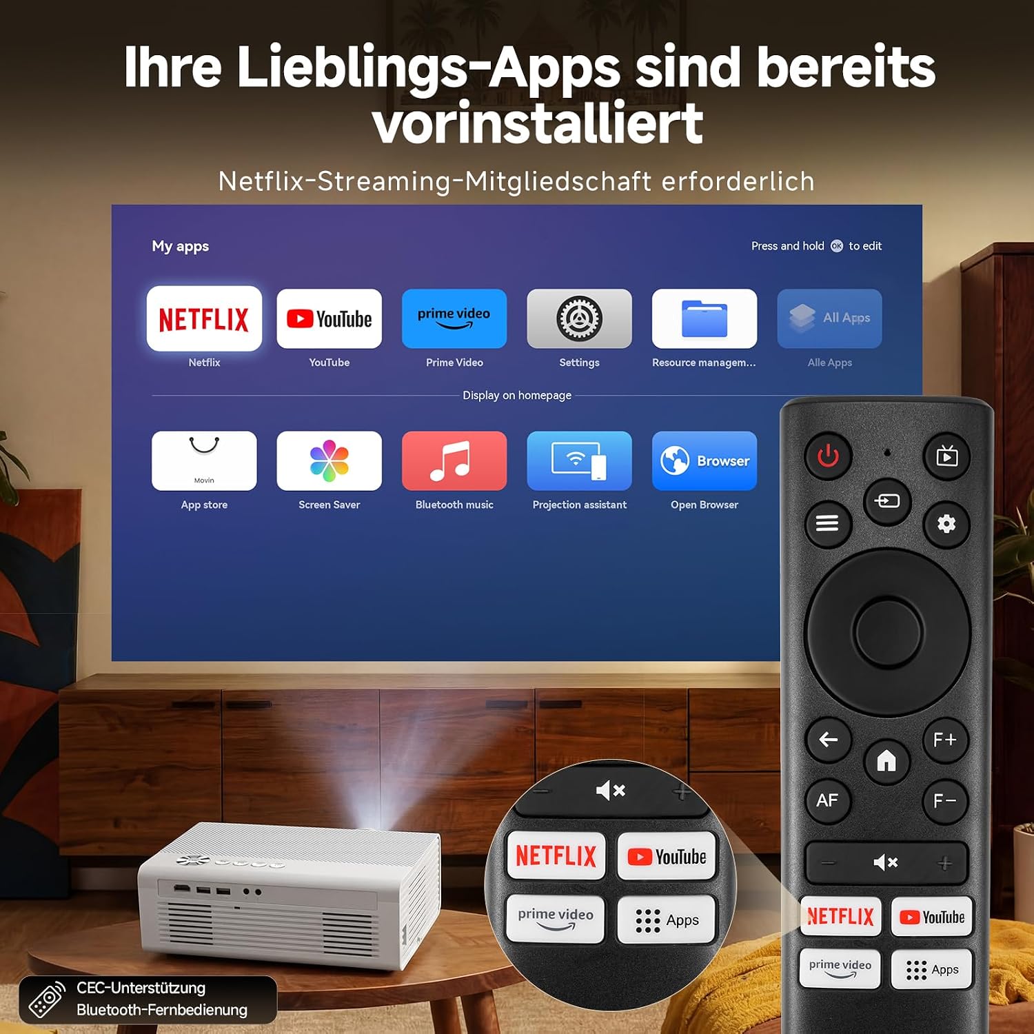 4K Smart Beamer mit WLAN, Bluetooth, Autofokus, 6D Keystone, HDR10+, kompatibel mit Dolby Audio, ideal für Heimkino & Garten, Streaming ohne TV-Stick