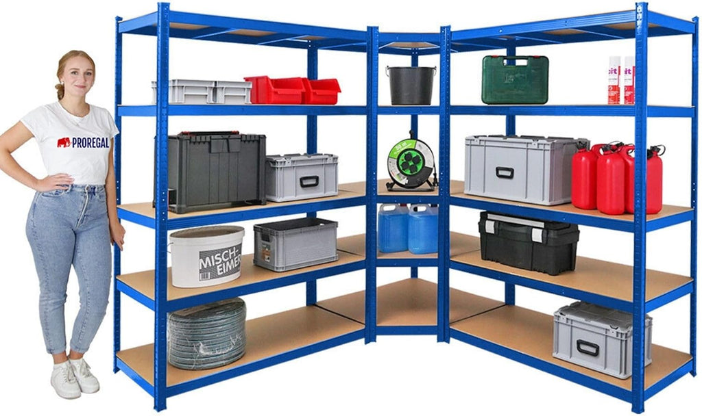 Eckregal Ragnar 1x 180x90x60cm + Taurus 2X 180x120x60cm Blau, Fachlast 175kg, Keller-, Garagen- und Lagerregal, Steckregal