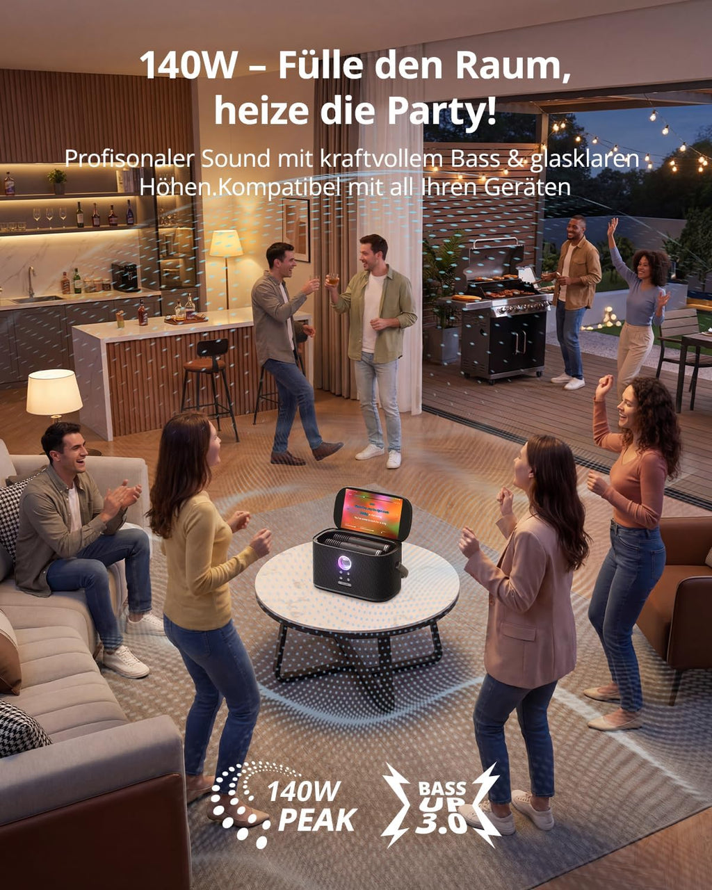 Karaoke-Maschine mit Textanzeige, 2 Mikrofonen, 140W, Bluetooth, HDMI, selbstaufladend, für Karafun-App, Shell S2