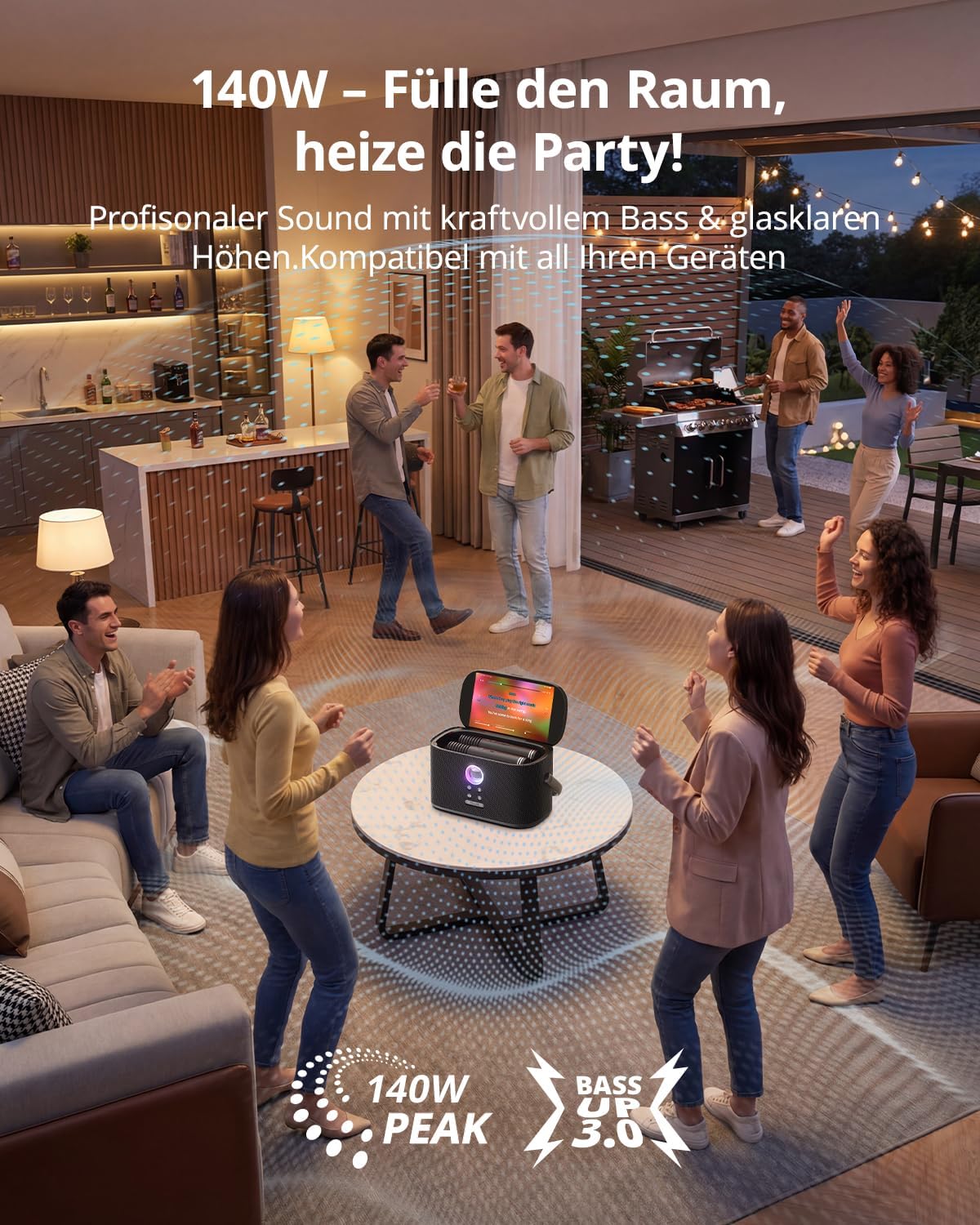 Karaoke-Maschine mit Textanzeige, 2 Mikrofonen, 140W, Bluetooth, HDMI, selbstaufladend, für Karafun-App, Shell S2