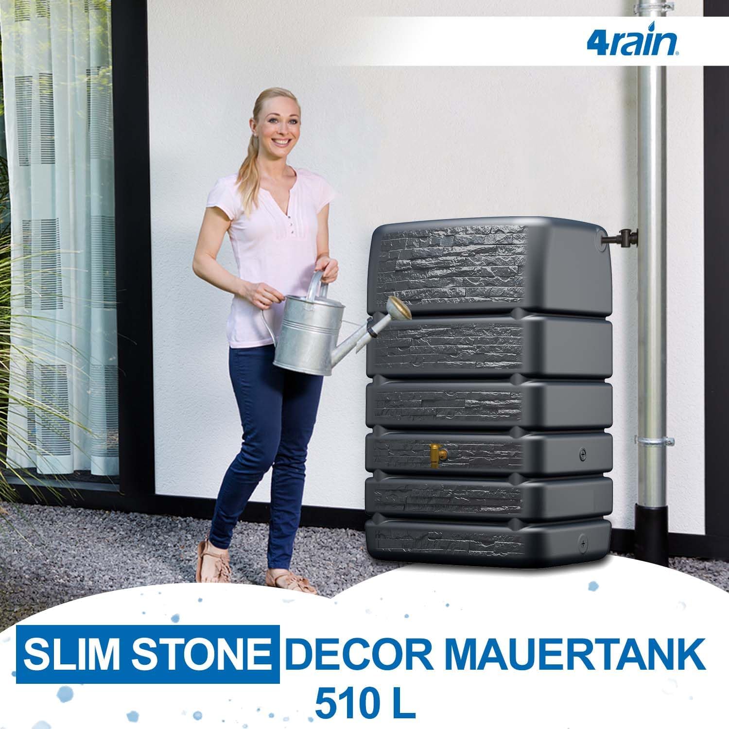 Slim Stone Decor Regentonne Mauertank 510L, Graphite Grey, Steinoptik, für Außenbereich, Gartenbewässerung