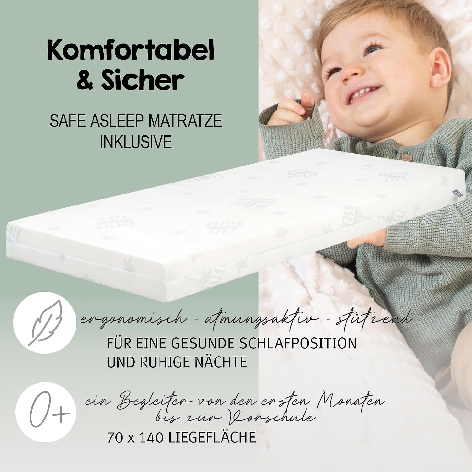 Babybett Set Little Stars 70x140 cm, mitwachsendes Kinderbett mit umbaubarem Design, inkl. Sterne-Textilien, höhenverstellbar, Holz weiß