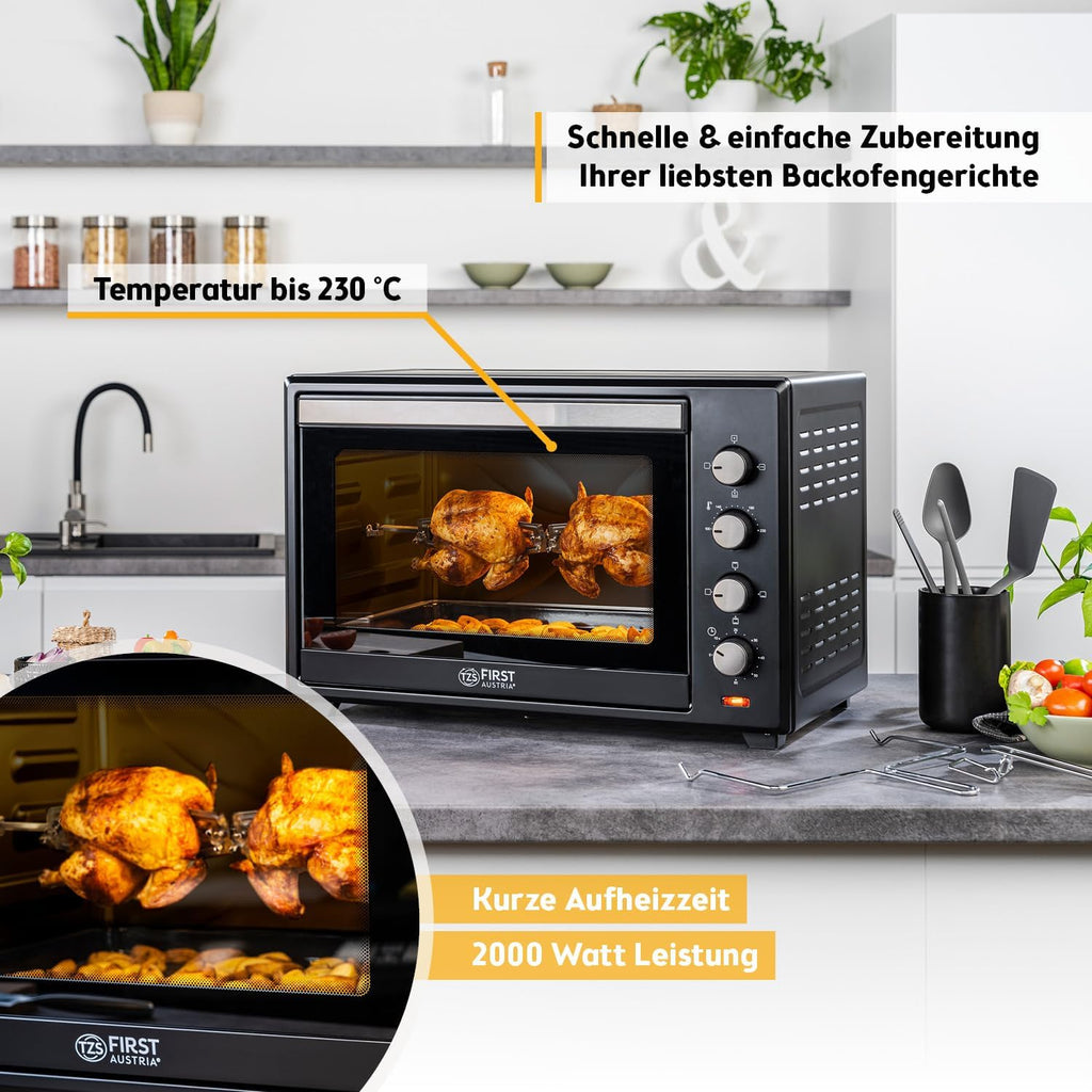 Minibackofen 60L 2000W - Pizzaofen & Backofen, Temperaturregelung bis 230°C, 6 Modi, 60 Min Timer, 4 Einschubhöhen, inkl. Backblech, Grillrost & Drehspieß