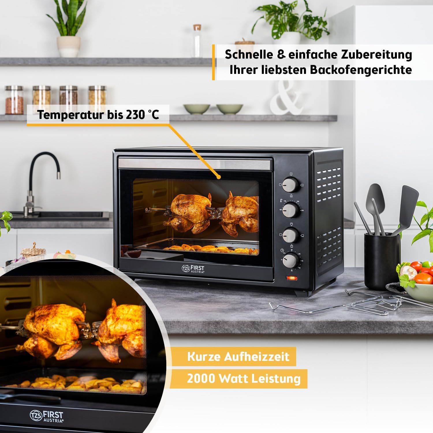 Minibackofen 60L 2000W - Pizzaofen & Backofen, Temperaturregelung bis 230°C, 6 Modi, 60 Min Timer, 4 Einschubhöhen, inkl. Backblech, Grillrost & Drehspieß