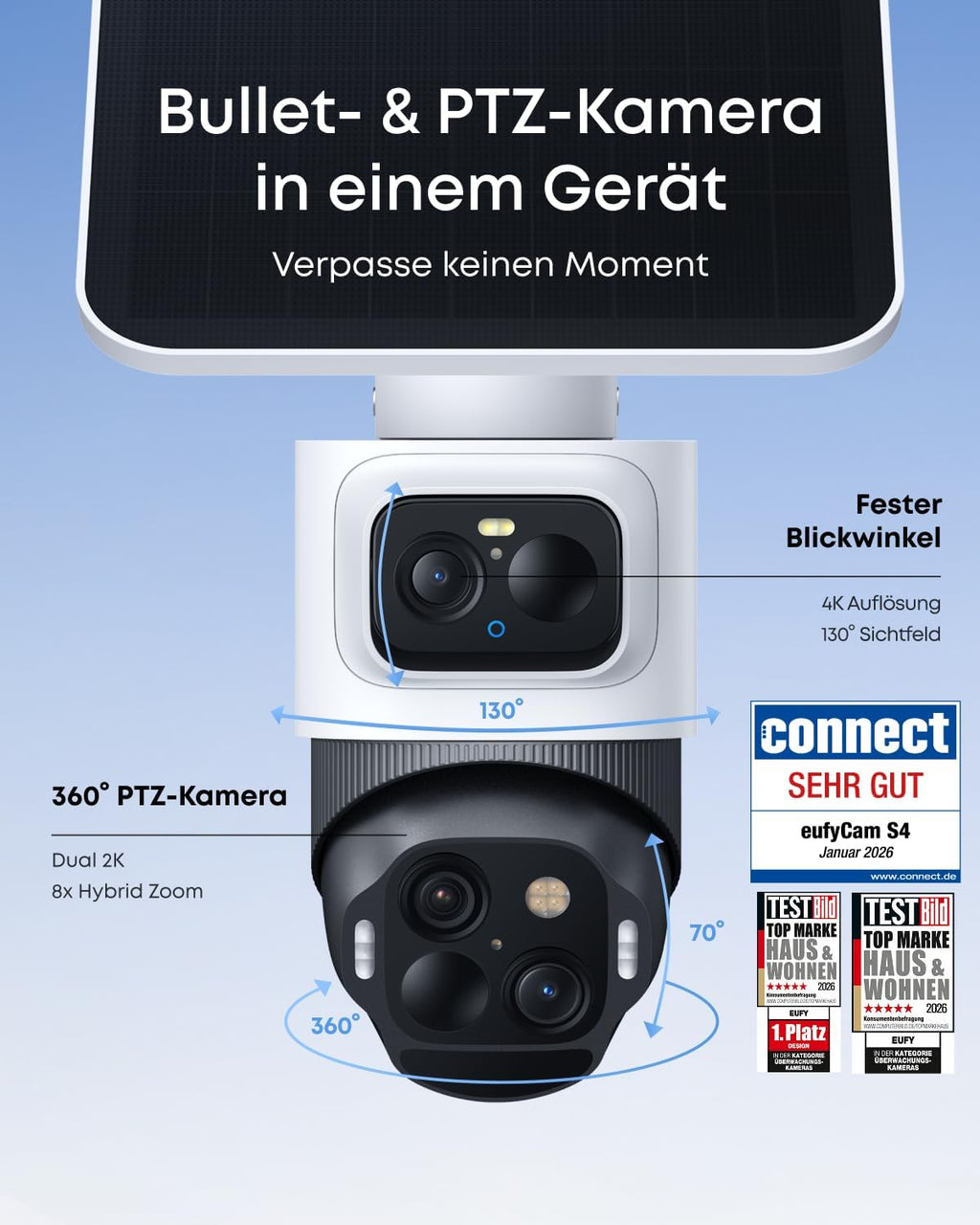 S4 kabellose Solar-Outdoor-Kamera, 4K UHD, 3-Linsen-PTZ, 360° Auto-Tracking, 8x Hybridzoom, Farbnachtsicht, kompatibel mit HomeBase S380