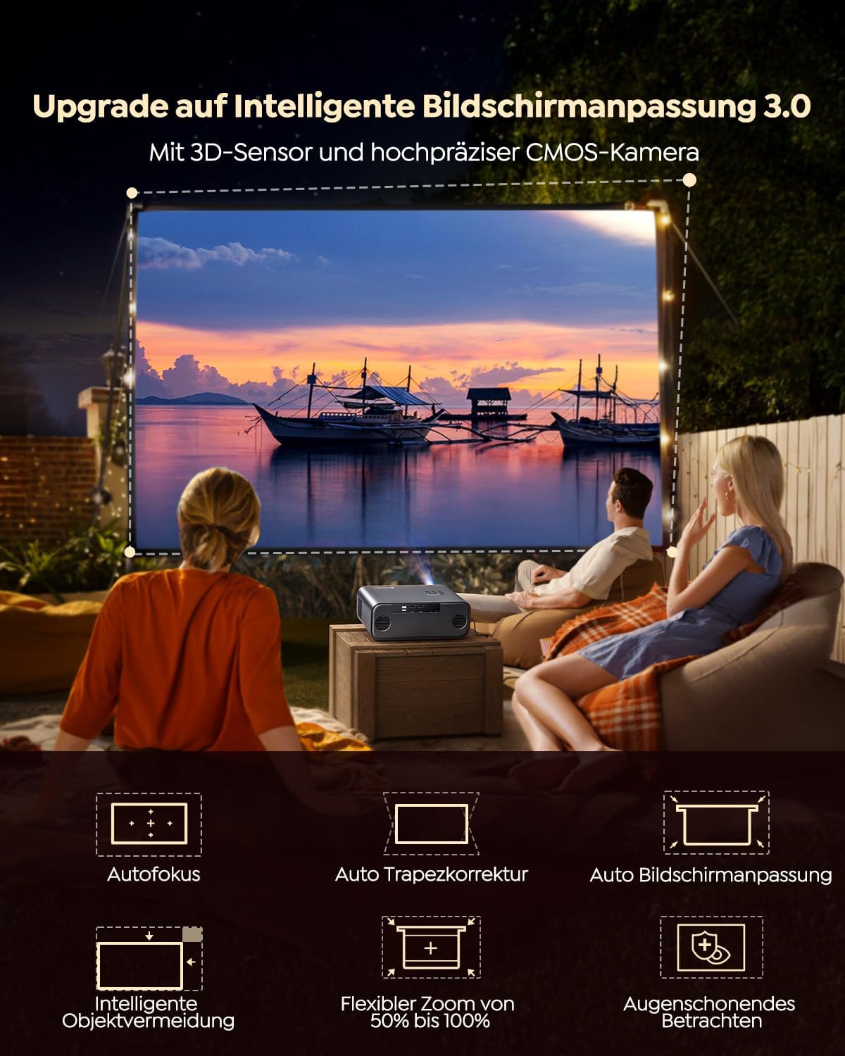 Smart LED Beamer 1300 ANSI mit Autofokus/6D Trapezkorrektur, Dolby Audio, 4K Heimkino, WiFi Bluetooth Full HD 1080P Outdoor Deckenmontage für Handy