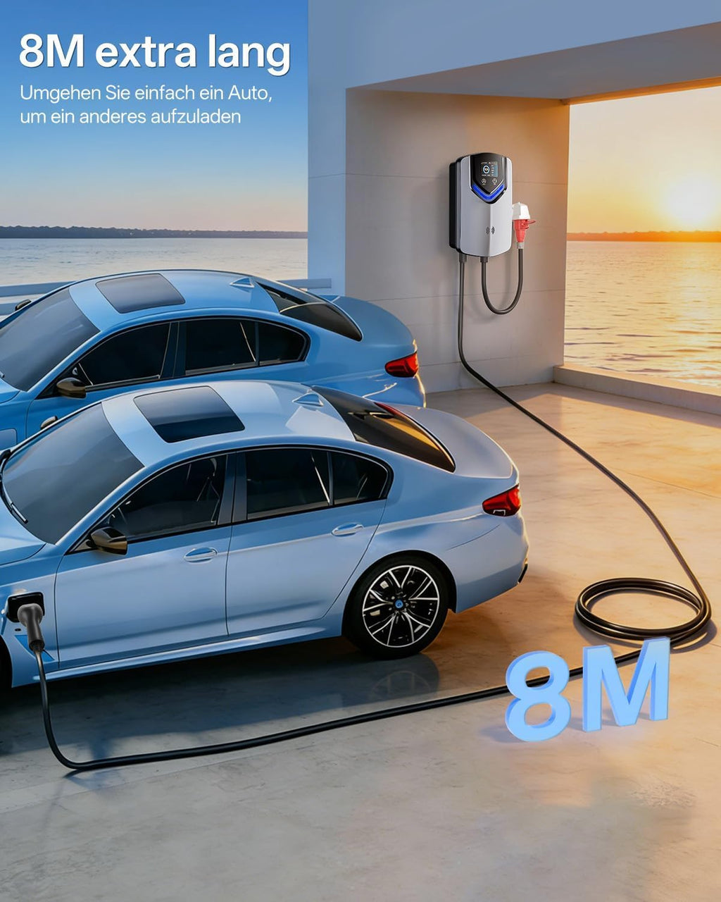 11kW Wallbox mit App + RFID, 3-Phasen Typ 2, 400V/6-16A, 8m Kabel + Halter, RCD Typ B, IP54, Startzeit-Einstellung, für BEV/PHEV