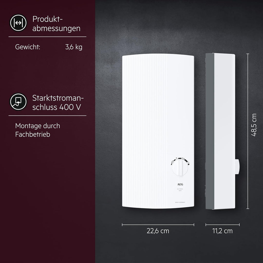 DDLE Basis 18/21/24 kW, elektron. Durchlauferhitzer, umschaltbar, 4 Symbole für Temperatur, 400V Festanschluss, VDE-geprüft, 222390