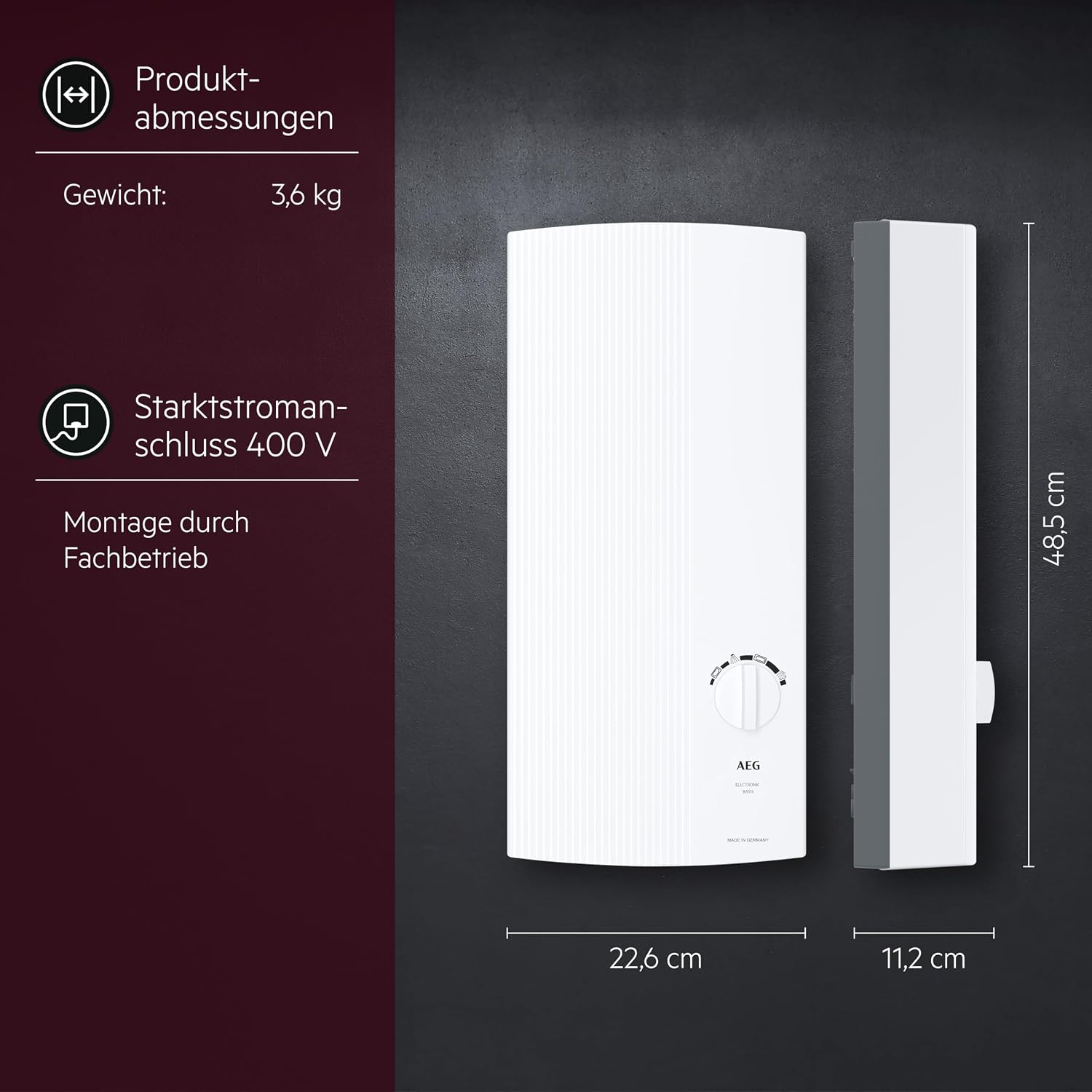 DDLE Basis 18/21/24 kW, elektron. Durchlauferhitzer, umschaltbar, 4 Symbole für Temperatur, 400V Festanschluss, VDE-geprüft, 222390